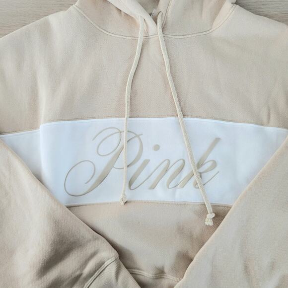 Victoria's Secret Pink Ivy Fleece Croppped Hoodie Sweatshirt Tan White Large - Picture 6 of 10